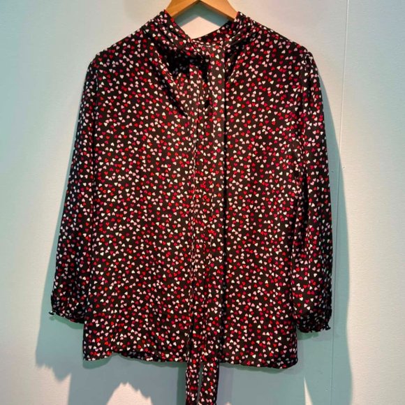 REVIEW Scattered Hearts Black Red Pink Love Heart Long Sleeve Office Blouse Top - Picture 6 of 8